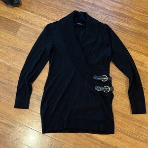 INC International Concepts Black V-Neck Sweater with Buckle Accents